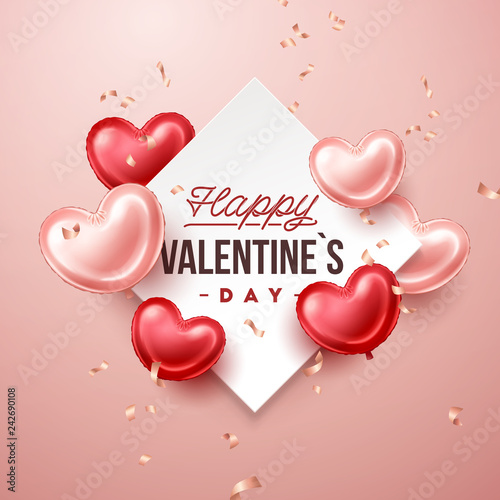 Valentines Day banner with heart shaped balloons. Holiday vector illustration banner