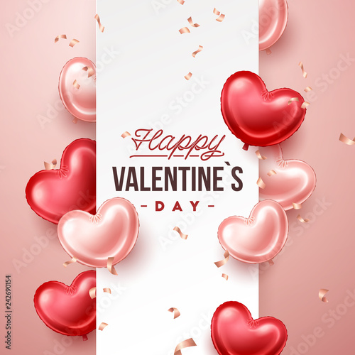 Valentines Day banner with heart shaped balloons. Holiday vector illustration banner