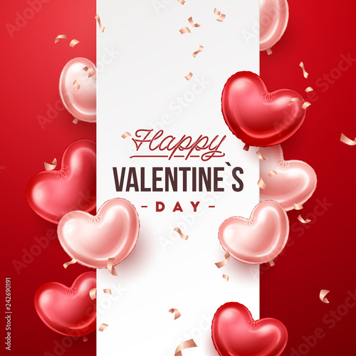 Valentines Day banner with heart shaped balloons. Holiday vector illustration banner
