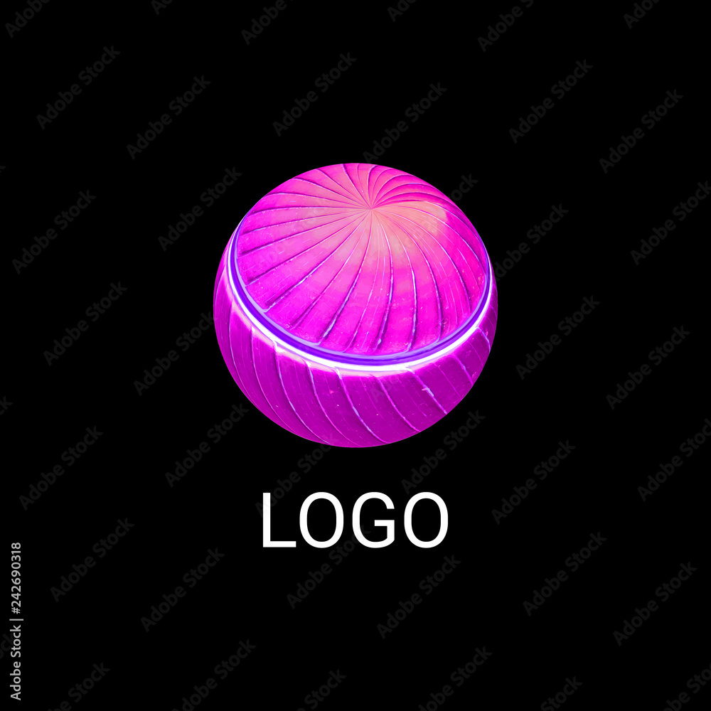 Abstract 3D sphere logo textured with swirled Exotic Palm Leaf isolated on black backdrop. Logotype design. Eco round leaves logo.