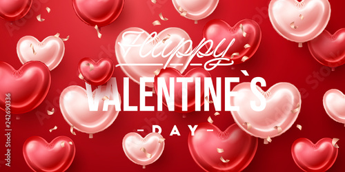 Valentines Day background with heart shaped balloons. Holiday vector illustration