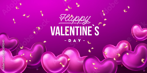 Valentines Day background with heart shaped balloons. Holiday vector illustration