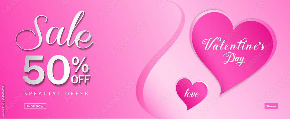 Valentine's day sale banner vector template, Valentines Heart sale tags, web banner design, Discount card,  promotion, flyer layout, ad, advertisement, printing media