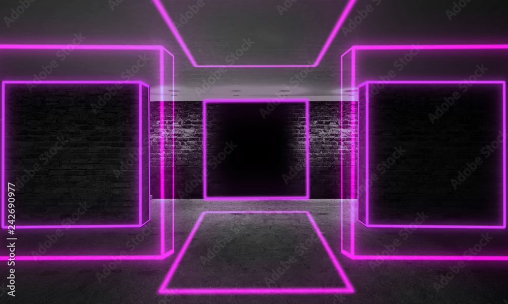 Background of an empty black corridor with neon light. Abstract background with lines and glow 3D illustration Background of an empty black corridor with neon light. Abstract background with lines and glow 3D illustration