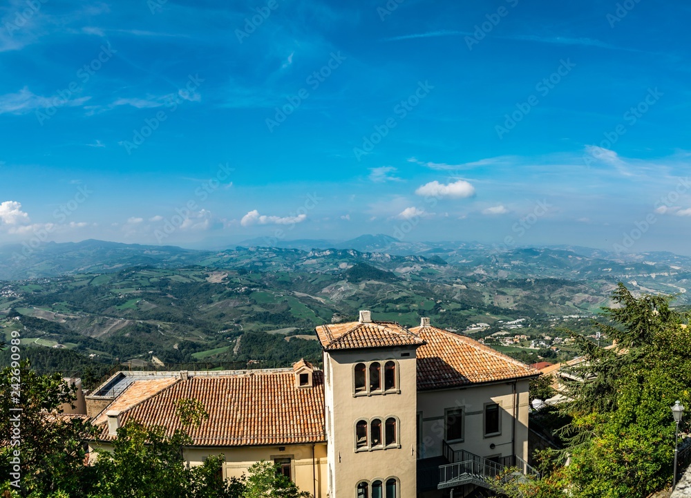 View on the hilly plain of the foothills of the Apennines from the mountain  Monte Titano, old city of republic of san marino