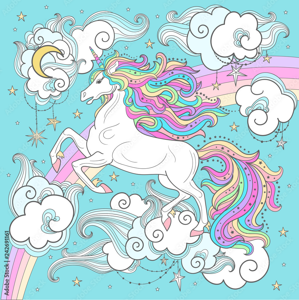 A beautiful white unicorn with a long mane on a background of rainbow and clouds. For the design of posters, prints, etc.
