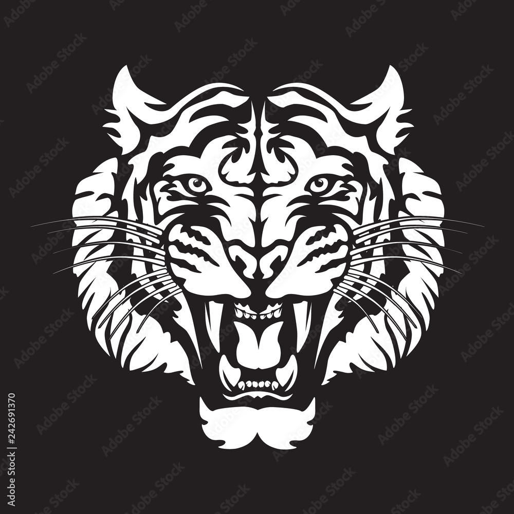 Fototapeta premium Roaring tiger's head logo isolated on white. Black and white tiger vector illustration