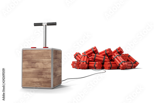 3d rendering of tnt dynamite sticks with detonator box isolated on white background. photo