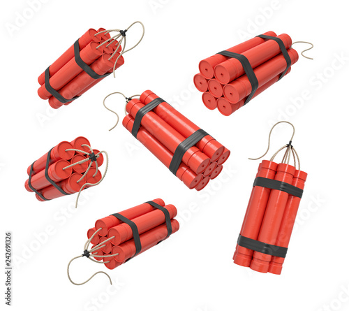 3d rendering of a set of bundles of dynamite sticks isolated on a white background. photo