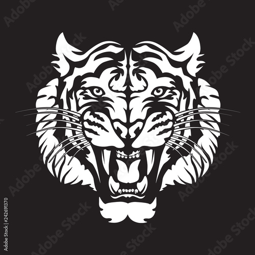 Roaring tiger's head logo isolated on white. Black and white tiger vector illustration