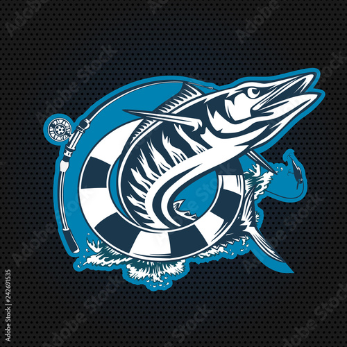 Wahoo fish. Fishing logo vector. Acanthocybium solandri. Scombrid fish jumping up fishing emblem on white background.