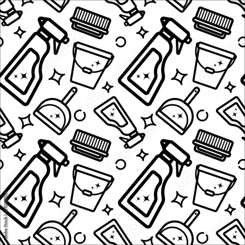 Vector seamless pattern of accessories for cleaning the house. Flat linear art on a white background. Ornament for wallpaper, websites, backgrounds, wrapping paper, corporate style