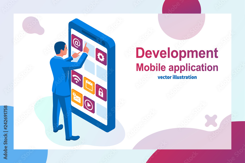Interface development, design mobile app. Mobile technology. Programmer building application blocks on screen of smartphone. Vector isometric design. Software development process. Interface development, design mobile app. Mobile technology. Programmer building application blocks on screen of smartphone. Vector isometric design. Software development process.