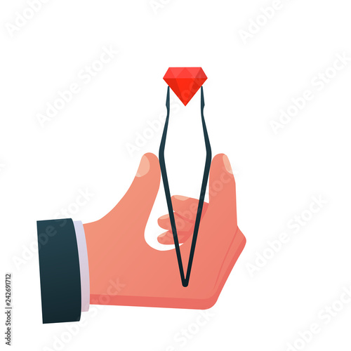 Jeweler tweezers holding a diamond. Examining, evaluation jewelry. Vector illustration flat style design. Work with precious stones. Isolated on white background.
