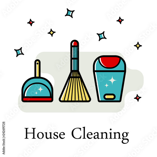 Vector background of accessories for cleaning in a flat style. Washing the floor, cleaning the windows. Linear style