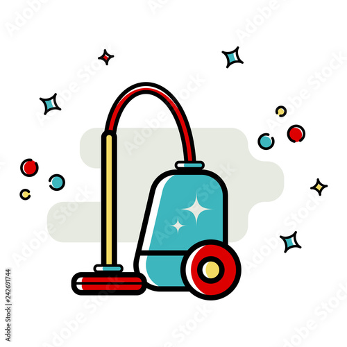 Vector background of accessories for cleaning in a flat style. Vacuum cleaner. Washing the floor, cleaning the windows. Linear style