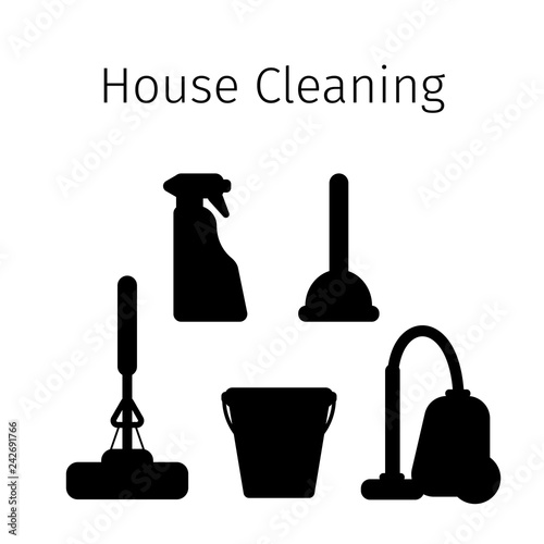 Vector set of flat icons for cleaning tools at home. Isolated objects on white background. Cleaning the room, washing the floor and windows. Linear style. silhouettes of objects