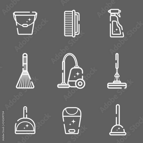 Vector set of flat icons for cleaning tools at home. Isolated objects on a dark background. Cleaning the room, washing the floor and windows. Linear style