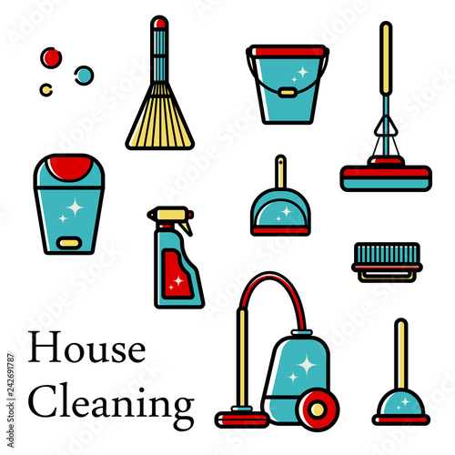 Vector set of flat icons for cleaning tools at home. Isolated objects on white background. Cleaning the room, washing the floor and windows. Linear style