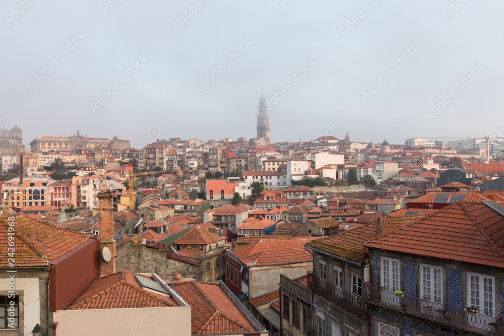 Old town of Porto at misty morning. Portugal.