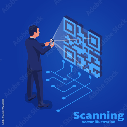 Scanning QR code on mobile phone. Vector illustration isometric design. Isolated on background. Modern digital technology. Scanning quick code.