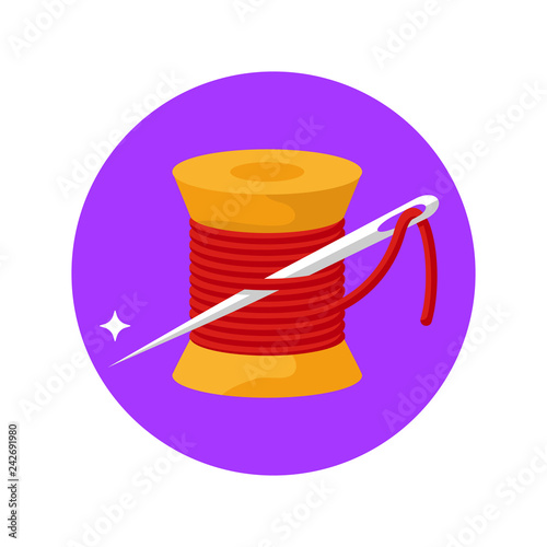 Spool of thread with a needle. Color icon close up. Vector illustration flat design. Isolated on white background. Cartoon style.