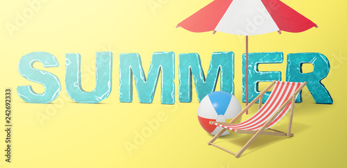 3d rendering of the 'SUMMER' title with a beach umbrella, a deck chair and a beach ball on a yellow background.