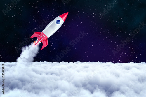 Fototapeta Naklejka Na Ścianę i Meble -  3d rendering of a space rocket which has just passed through a layer of thick clouds and is now heading into open space.