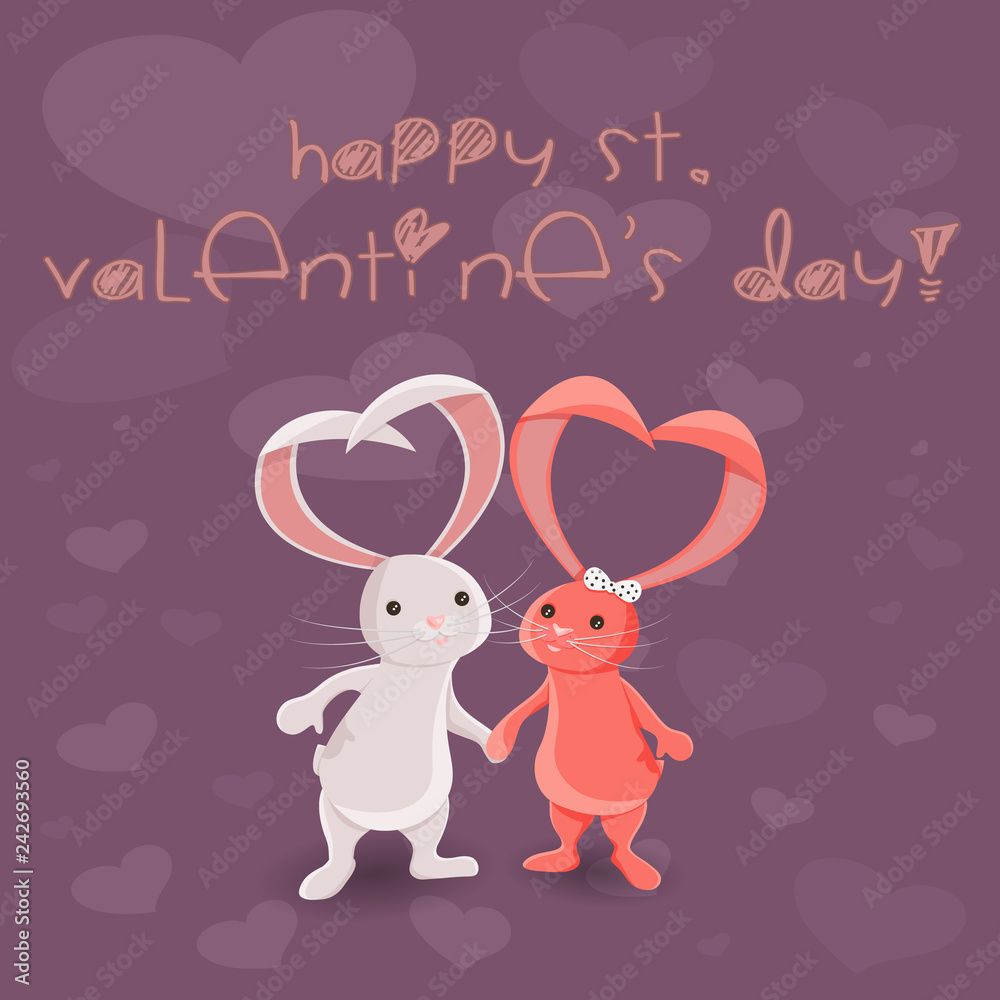 Vector Illustration of Saint Valentines Day with Two Bunnies with Hearts from Ears Vector Illustration of Saint Valentines Day with Two Bunnies with Hearts from Ears