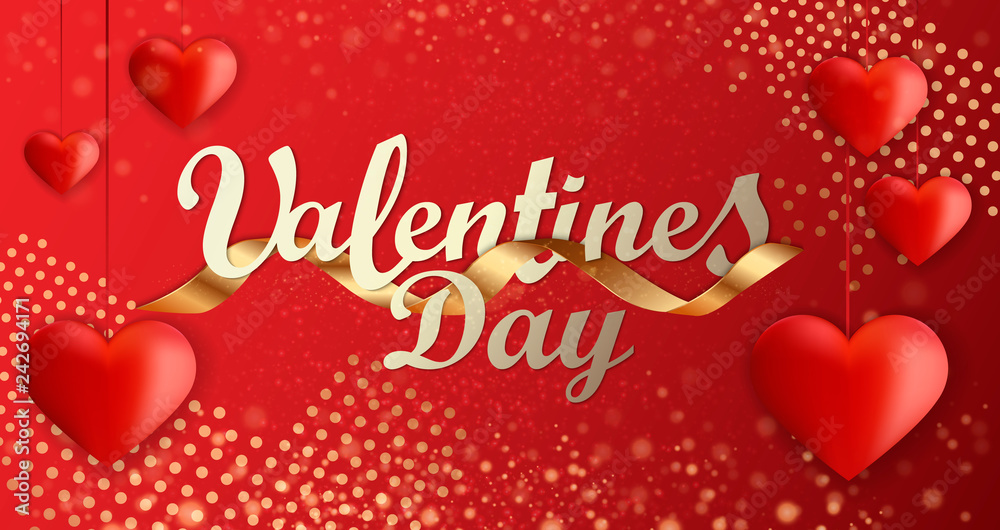 Naklejka premium Valentines day background greeting card design template. Party poster, banner or invitation gold glittering stars confetti glitter decoration. Vector background with golden gift bow