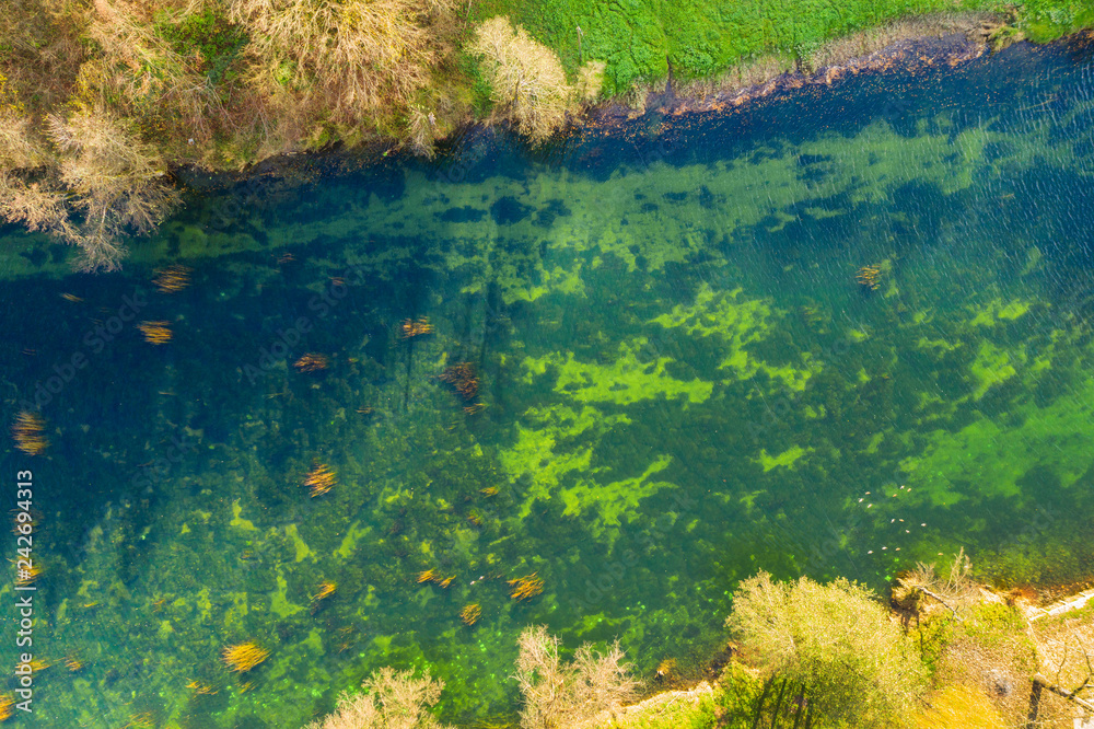 Croatia, Dobra river from air, top down view from drone, Karlovac county, green surface of clear water in autumn, beautiful nature