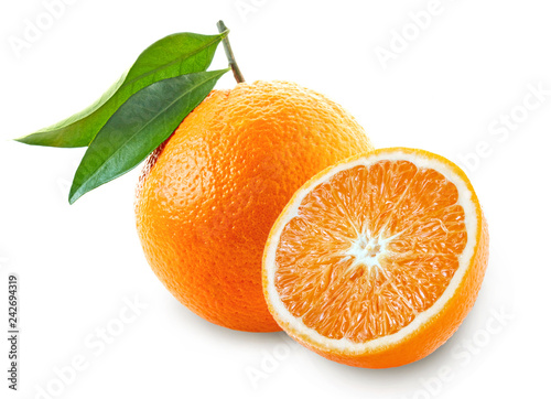 Fresh Orange with green leaves isolated on white background