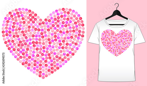 Rhinestones heart. Transfer iron heat ornament. Gems, diamonds, jewelry decor. Embroidery. T-shirt simple mockup. Rhinestones appligue hot fix. Print for fabric or denin. Fashion trend.