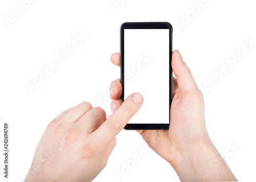 hand touching black phone mobile screen isolated on white background