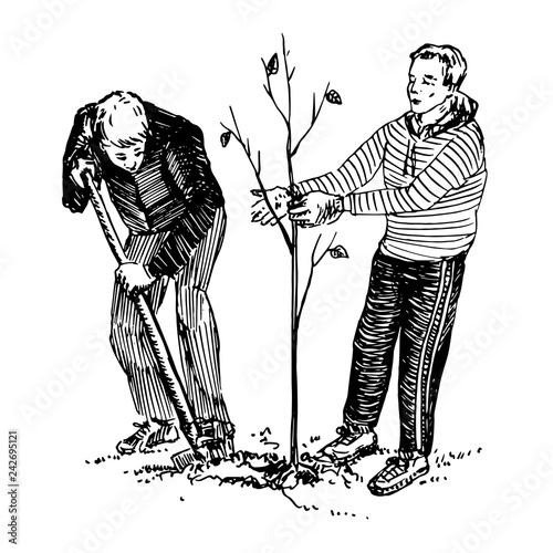 Young man with a shovel is planting a tree, other one holding it, hand drawn doodle, sketch, black and white vector illustration