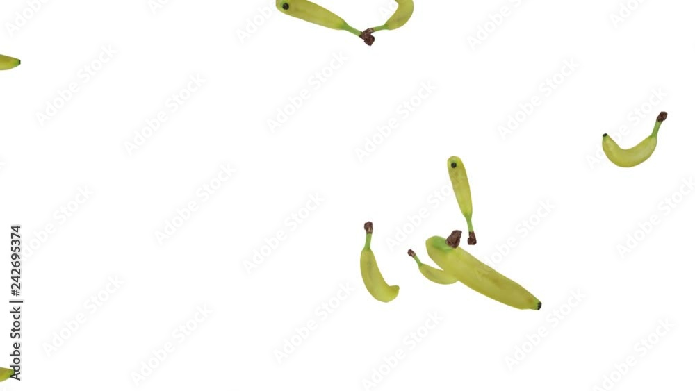 Fresh bananas falling down on white background. Realistic 3d render