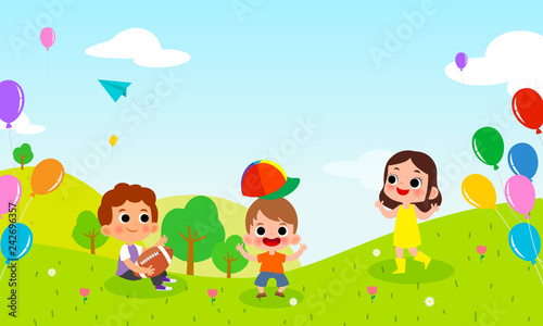 Children s day Background Vector illustration. Kids playing in spring field with copy space. Cartoon style.