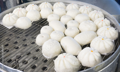 Steamed stuff buns hot in big pot at local fresh market,Chinese food,appetizer,Chinese new year for wealthy,Salapao