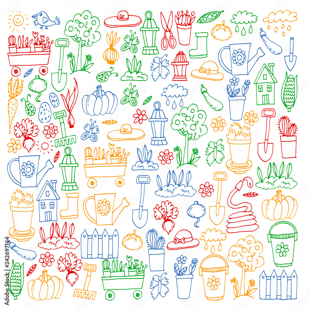 Garden, agriculture, garden tools, equipment, harvest. Icons of gardening items. Garden, agriculture, garden tools, equipment, harvest. Icons of gardening items.