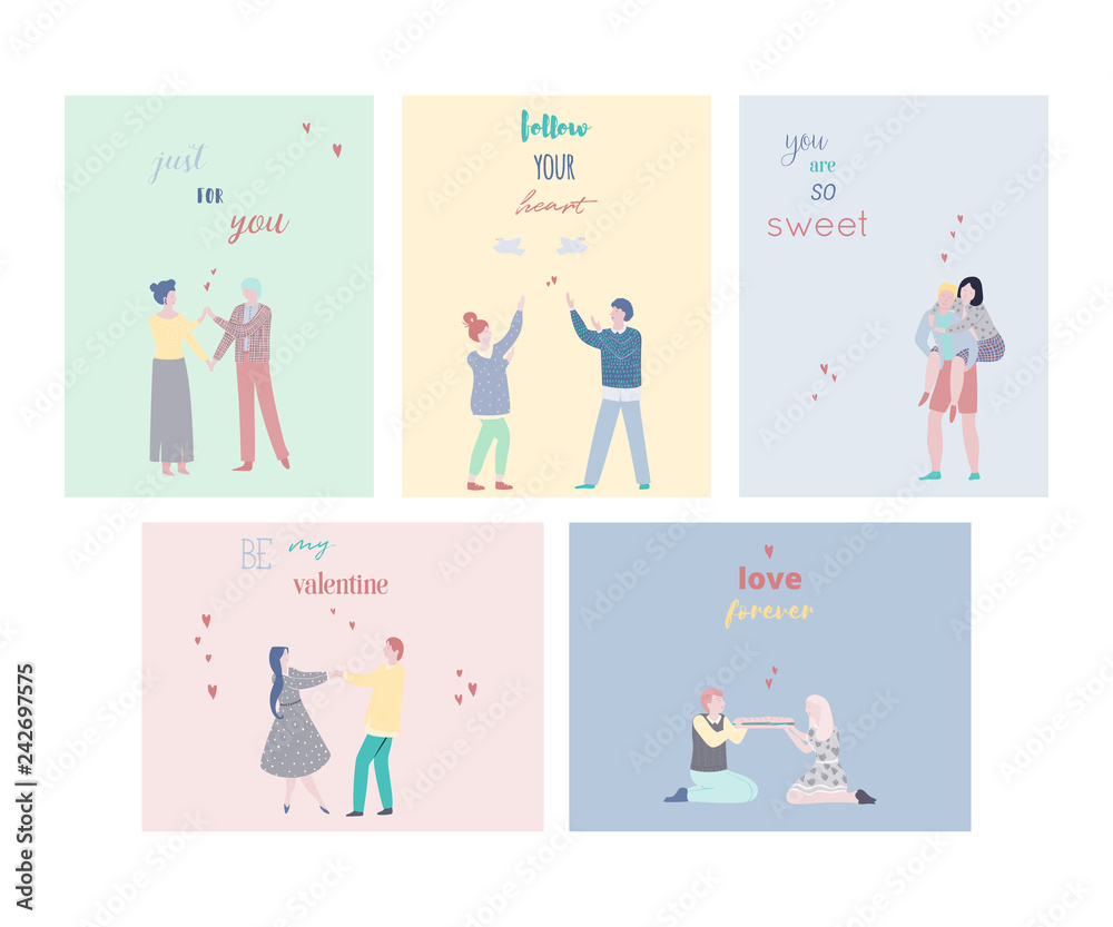 Happy Valentines day cards set. People in love with typography quotes. Happy dating couples. Design template for greeting card, invitation. Vector illustration