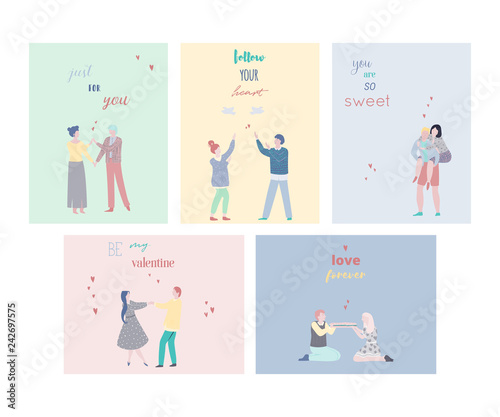Happy Valentines day cards set. People in love with typography quotes. Happy dating couples. Design template for greeting card, invitation. Vector illustration © kateja