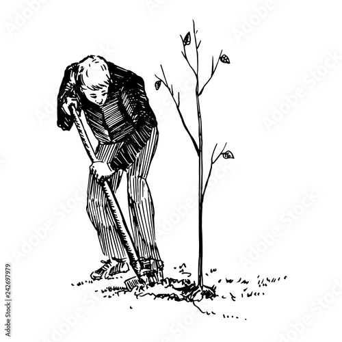 Young man with a shovel is planting a tree, hand drawn doodle, sketch, black and white vector illustration