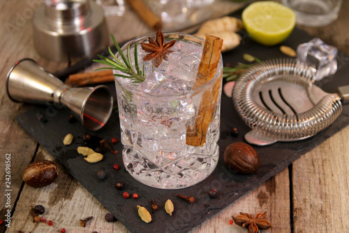 Gin and tonic cocktails with rosemary star anise and cinnamon, botanicals to decorate the cocktail and barman's tools