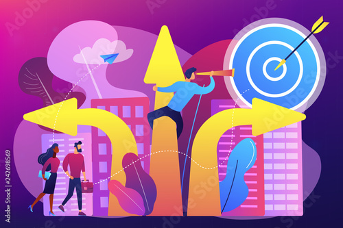 Business people and empolyee choosing new career direction arrow with target. Career change, alternative career, retraining for a new job concept. Bright vibrant violet vector isolated illustration