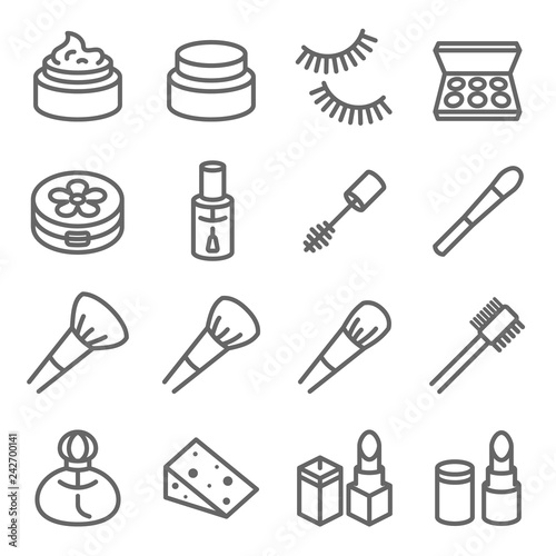 Cosmetic Makeup Vector Line Icon Set. Contains such Icons as Nail Polish, Lipstick Mascara, Eyelash and more. Expanded Stroke