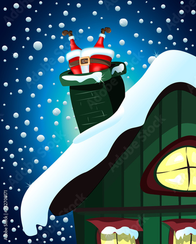 Beautiful snowy Christmas or New Year's Eve over the roof of a cozy home. Santa Claus stuck in the chimney. Xmas, new year greeting card, poster, banner. Vector illustration in cartoon style.