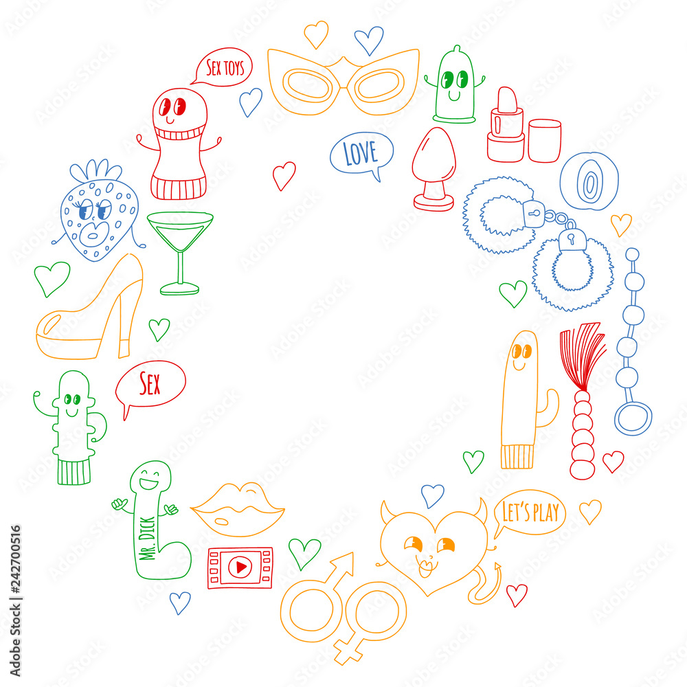 Funny icons for sex shop. Cute cartoon characters. Dildo, strawberry, condom, heart. Love and play