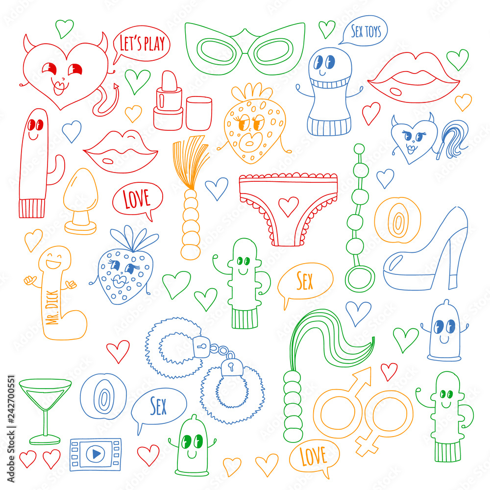 Funny icons for sex shop. Cute cartoon characters. Dildo, strawberry, condom, heart. Love and play Funny icons for sex shop. Cute cartoon characters. Dildo, strawberry, condom, heart. Love and play