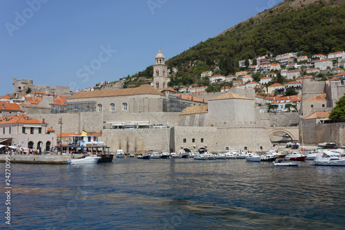 DUBROVNIK, CROATIA - AUGUST 22 2017: view from the sea of Dubrovnik city historic town walls