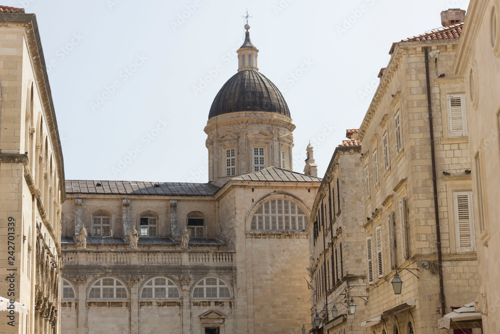 DUBROVNIK, CROATIA - AUGUST 22 2018: Dubrovnick old town, with Cathedral rooftop